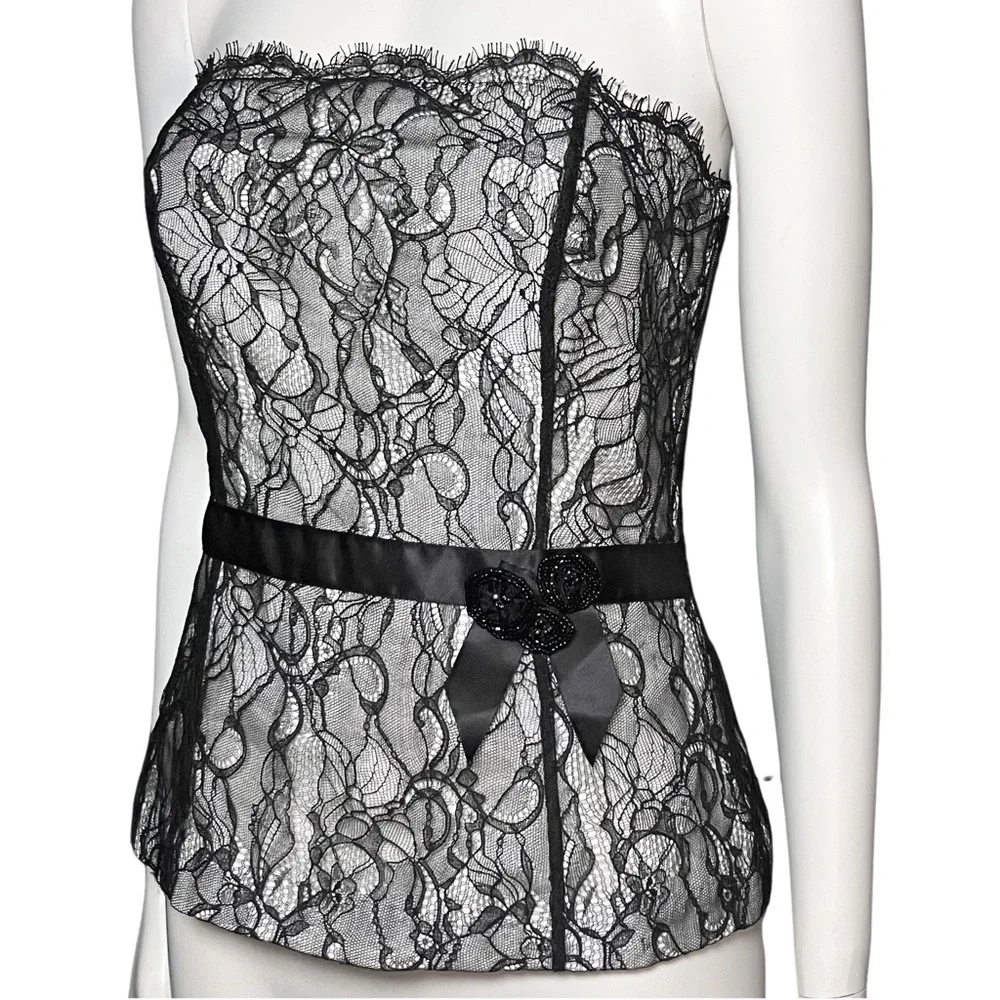 Vintage Y2K Black Cream Lace Bustier Corset Going Out Top. XS. Gothic Whimsigoth - Picture 3 of 9